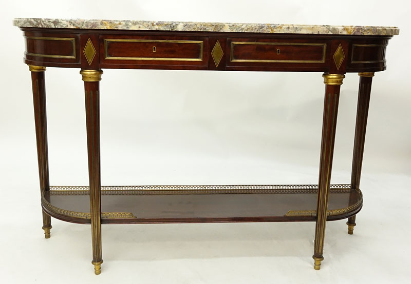Earyly to Mid 20th Century French Louis XVI Style Gilt Bronze Mounted Mahogany Marble Top Console Table