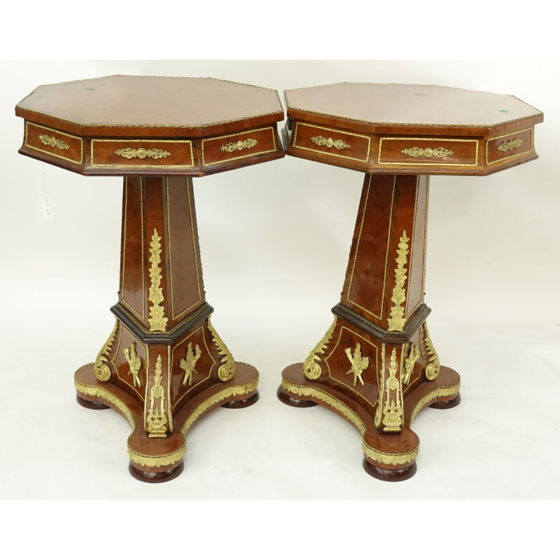 Pair of Louis XVI Style Bronze Mounted Veneered Octagonal Side Tables