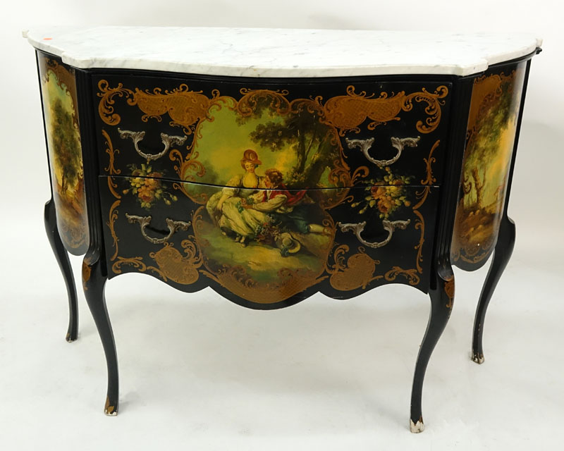 20th Century Louis XV Style and Vernis Martin Style Black Lacquer and Gilt Marble Top Commode