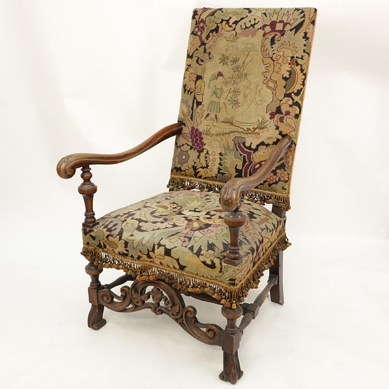 Renaissance Revival Carved Wood And Tapestry Tall Back Arm Chair