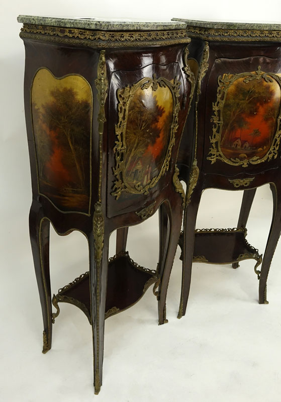 Pair of 20th Century Louis XV Style and Vernis Martin Style Ormolu Mounted Green Marble Top Cabinets