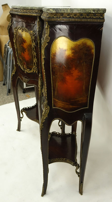 Pair of 20th Century Louis XV Style and Vernis Martin Style Ormolu Mounted Green Marble Top Cabinets