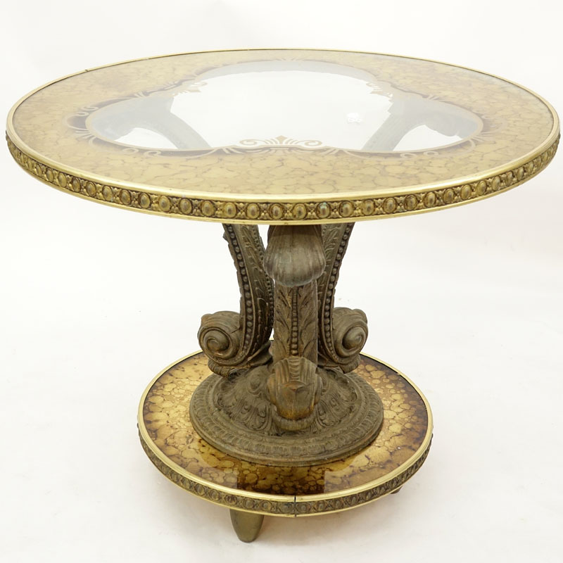 Mid 20th Century Hollywood Regency Gilt White Metal, Gold Leaf and Glass Pedestal Occasional Table