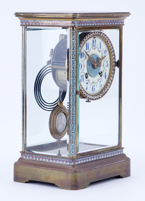 Antique French ChamplevŽ Regulator Clock With Hand Painted Porcelain Dial and Jeweled Bezel