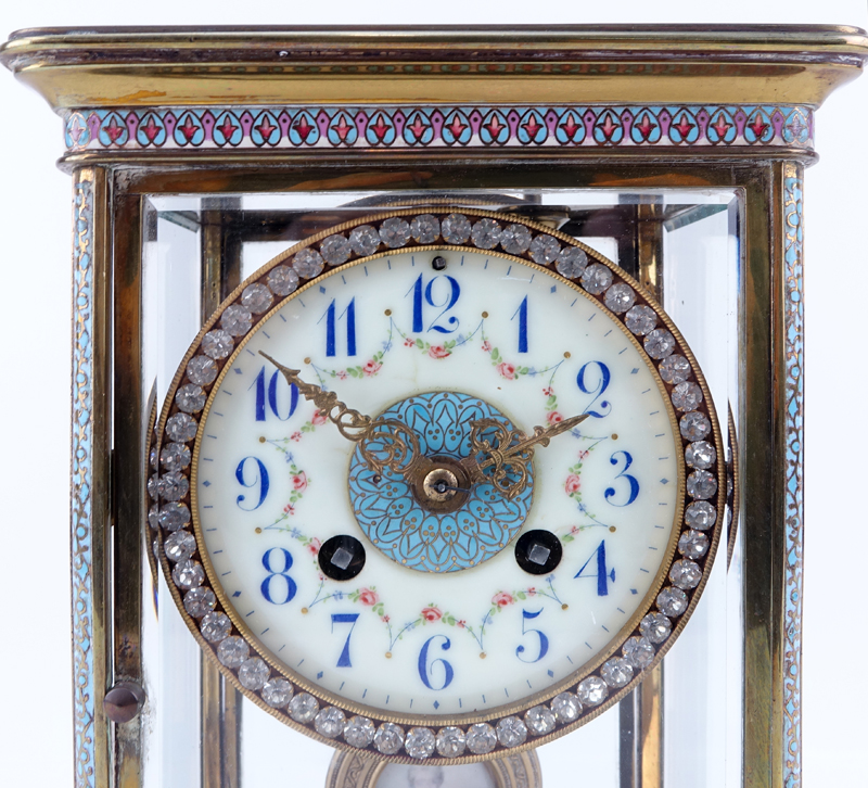 Antique French ChamplevŽ Regulator Clock With Hand Painted Porcelain Dial and Jeweled Bezel