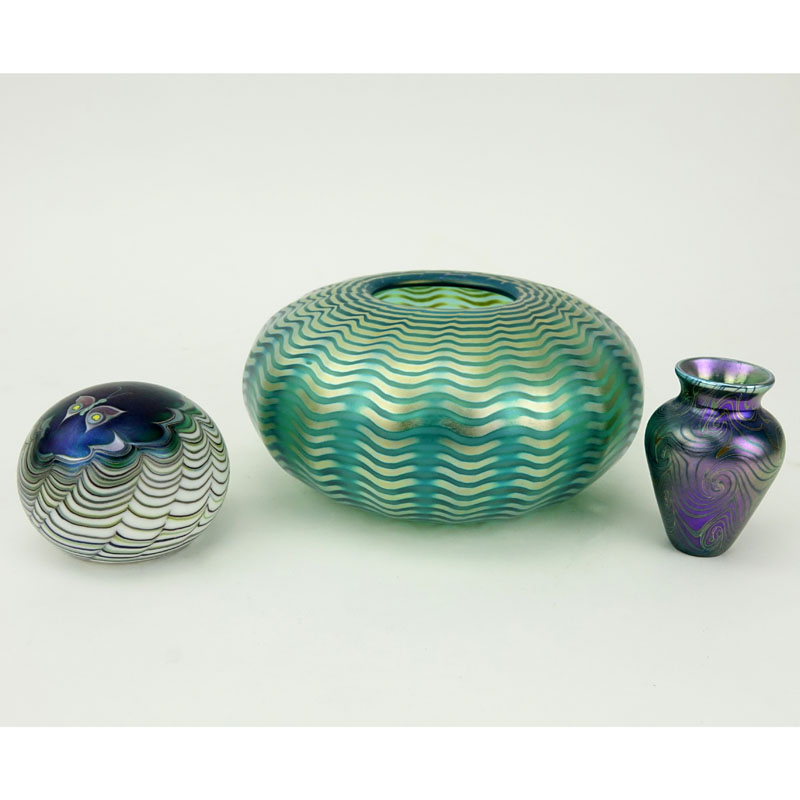 Three (3) Pieces Art Glass Including Lundberg Paperweight, Lundberg small vase, signed round vase