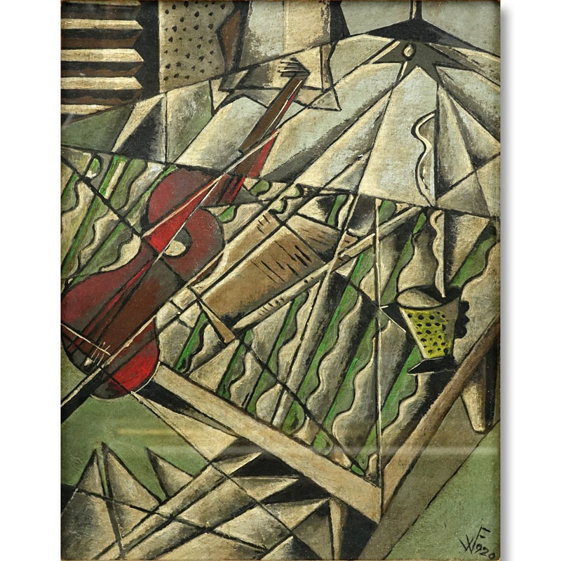 German School Oil On Card "Cubist Still Life With Guitar"