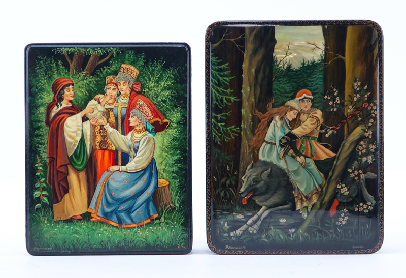 Two (2) Vintage Russian Black Lacquer Hinged Paper Mache Boxes with Portraits