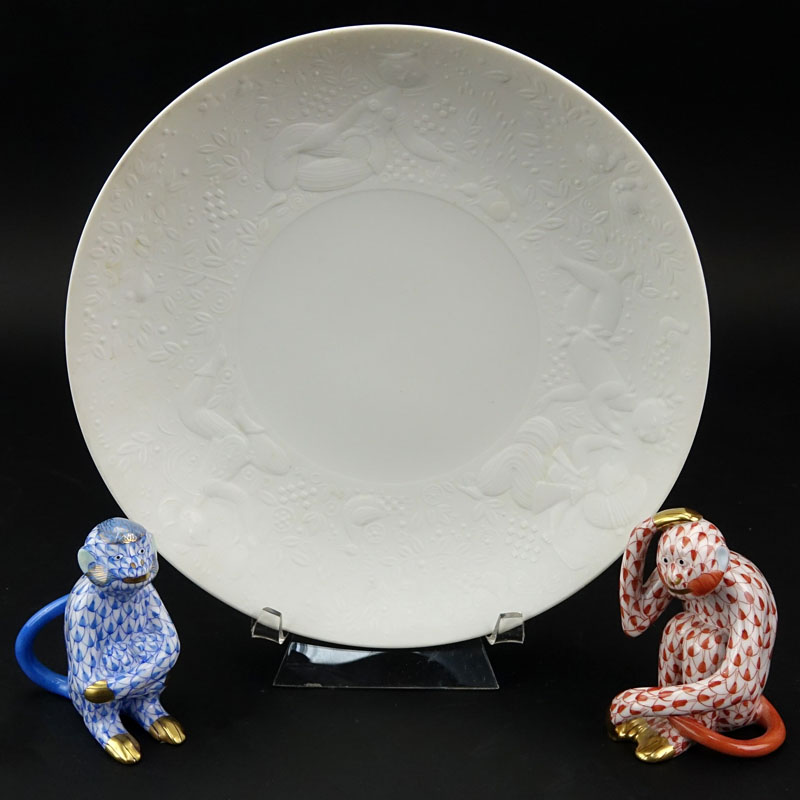 Two Herend Porcelain Fishnet Monkey Figures and a Rosenthal Magic Flute Bowl