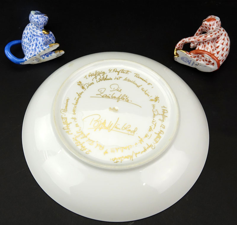 Two Herend Porcelain Fishnet Monkey Figures and a Rosenthal Magic Flute Bowl