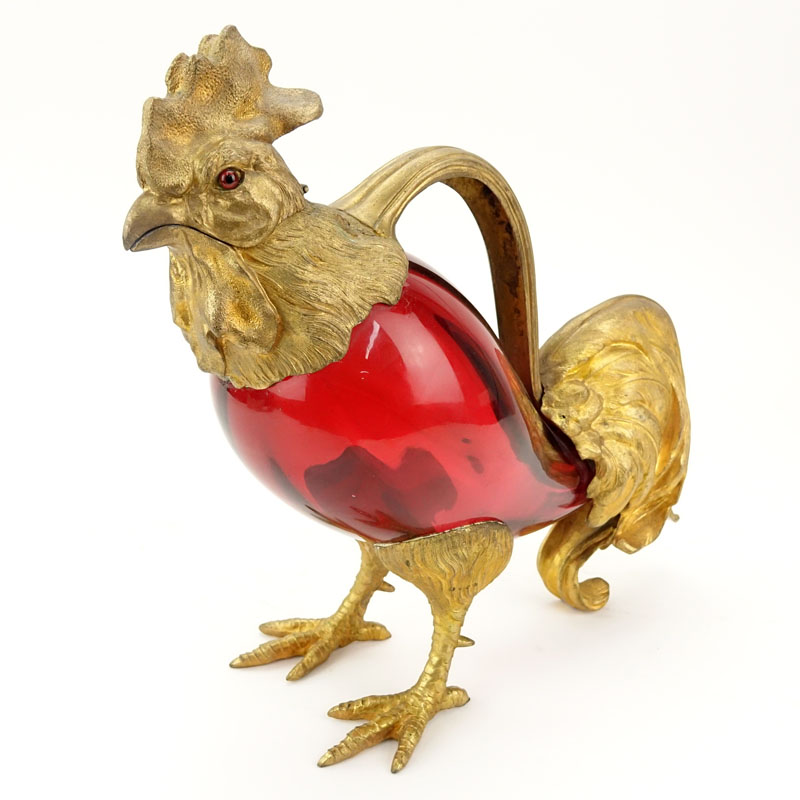 20th Century Gilt Metal Mounted and Cranberry Glass Rooster Form Decanter