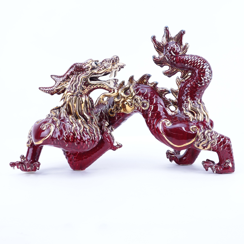 Large Modern Japanese Style Glazed and Gilt Painted Pottery Dragon Sculpture