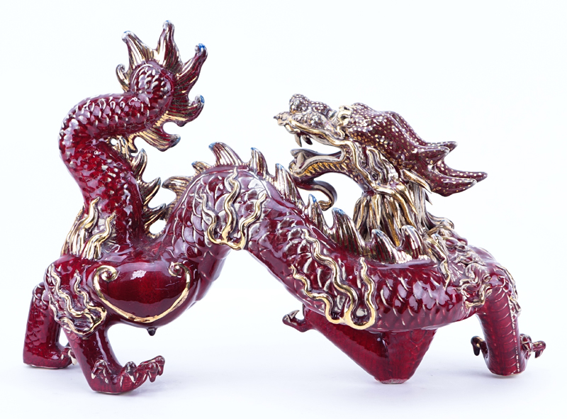 Large Modern Japanese Style Glazed and Gilt Painted Pottery Dragon Sculpture