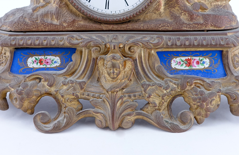 Antique French Gilt Bronze Figural Clock With Porcelain Panels