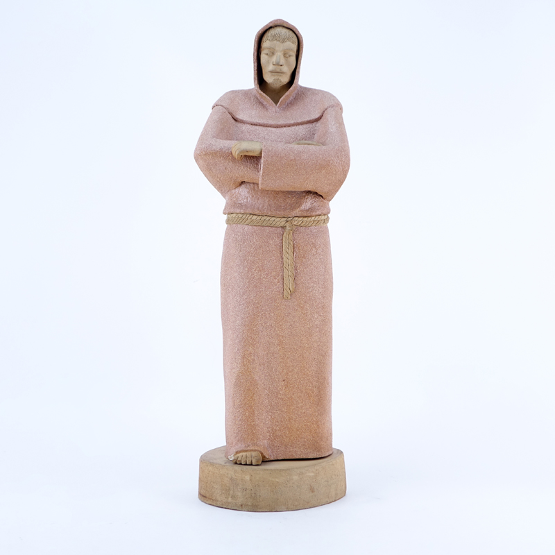 Large Vintage Pottery Figurine of a Standing Monk on Pottery Base