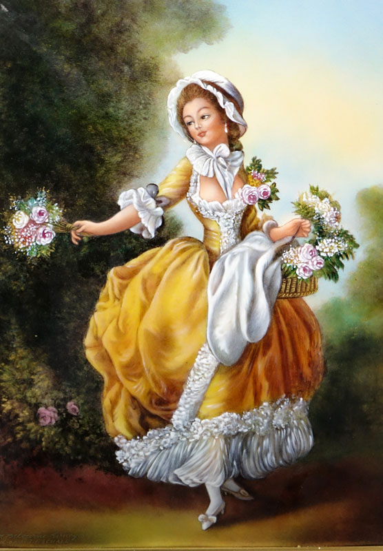 After: Jean-Frederic Schall, French (1752 - 1825) Limoges "Dancer with Flowers" Enamel Hand Painted on Copper Plaque Signed M