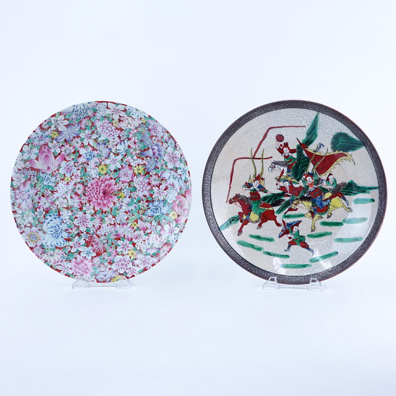 Chinese 1000 Flower Porcelain Charger and a Japanese Crackle Glaze Charger Featuring Soldiers