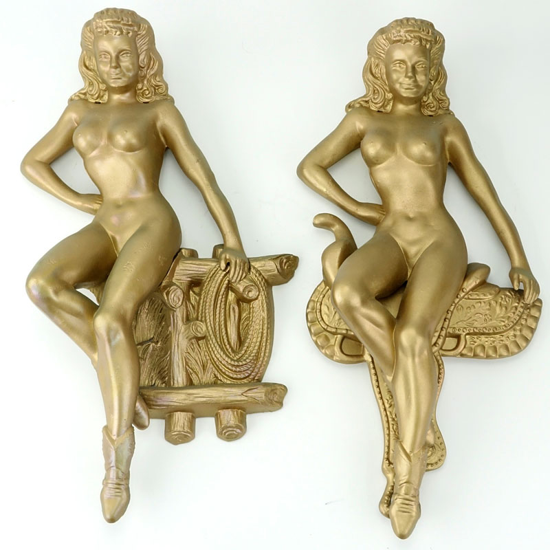 Pair Mid-Century Metal Pin-Up Nude Cowgirl Hanging Sculptures