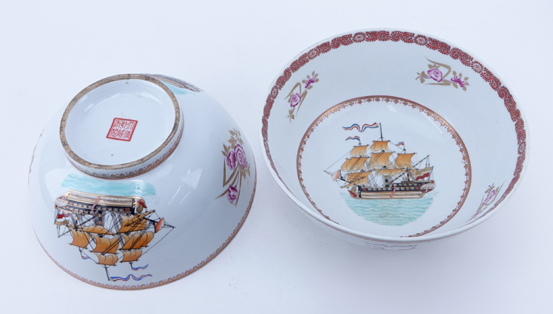 Pair 19/20th Century Chinese Export Hand Painted Porcelain Bowls On Stands