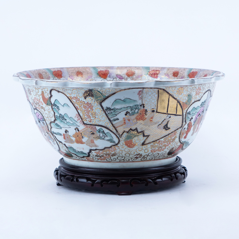 Modern Chinese Hand Painted Porcelain Punchbowl On Stand