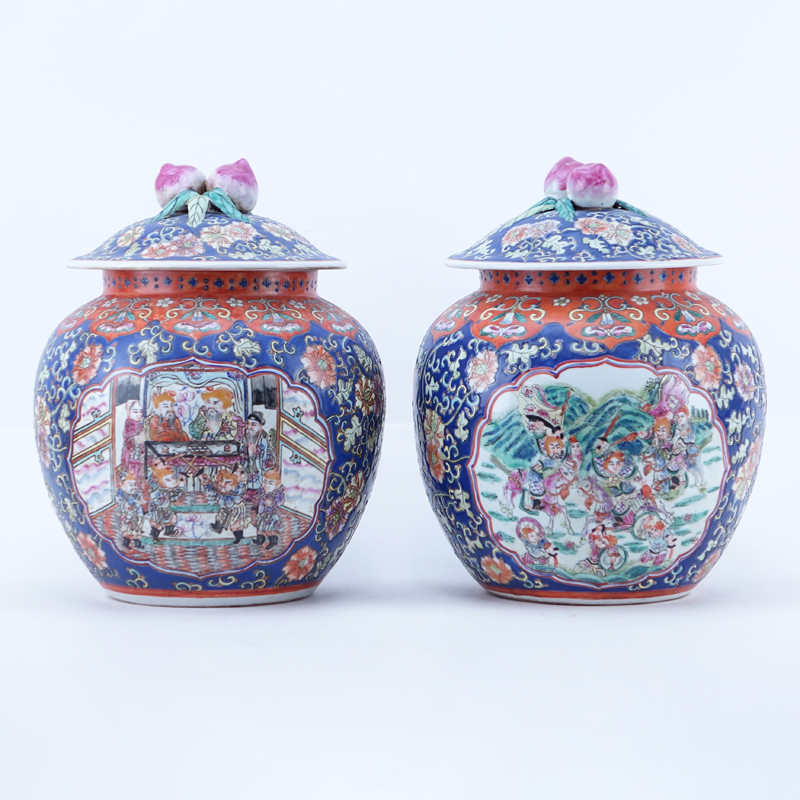Pair 20th Century Chinese Porcelain Lidded Urns