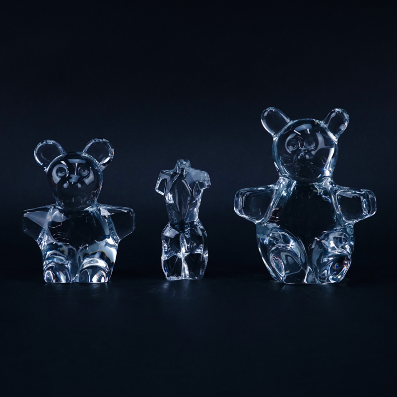 Two (2) Daum Crystal Bear Figurines and a Daum Nude Torso Figure