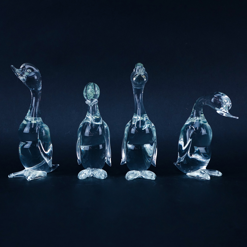 A Paddling of Four (4) Vintage Murano Clear Glass Duck Figurines