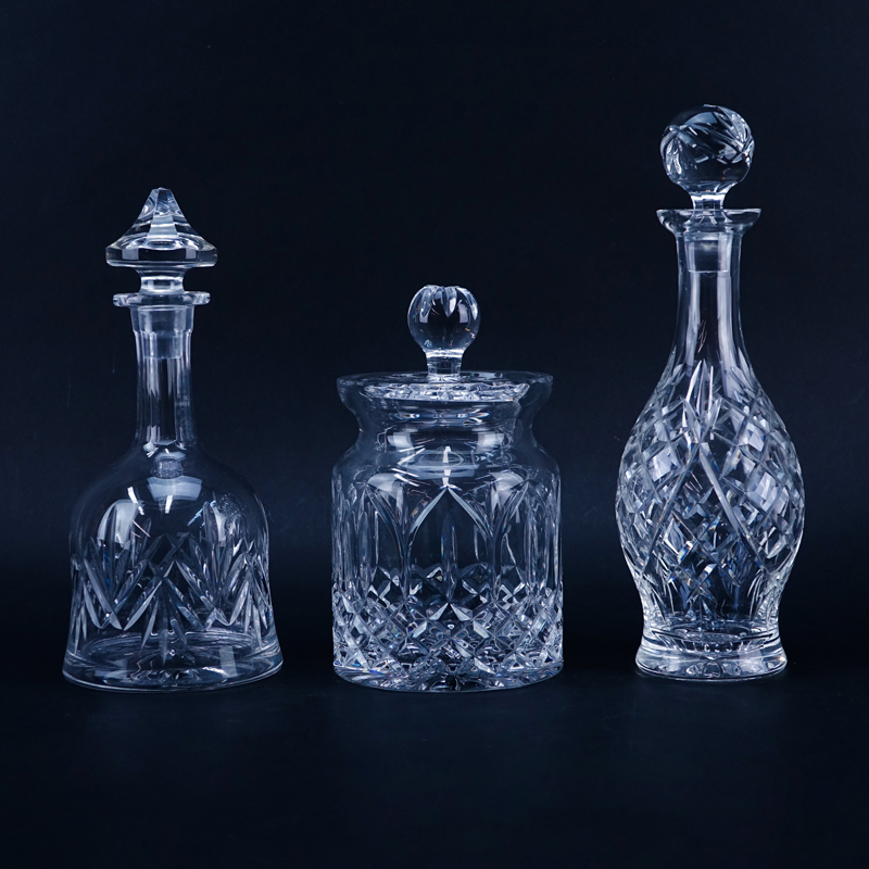 Three (3) Waterford and Waterford Style Cut Crystal Decanters and Biscuit Jar
