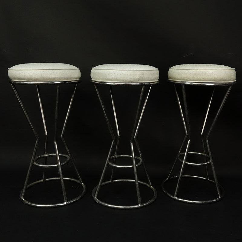 Set of Three (3) Modern Chrome and Faux Ostrich Upholstered Stools