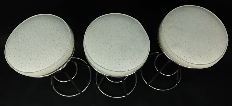 Set of Three (3) Modern Chrome and Faux Ostrich Upholstered Stools