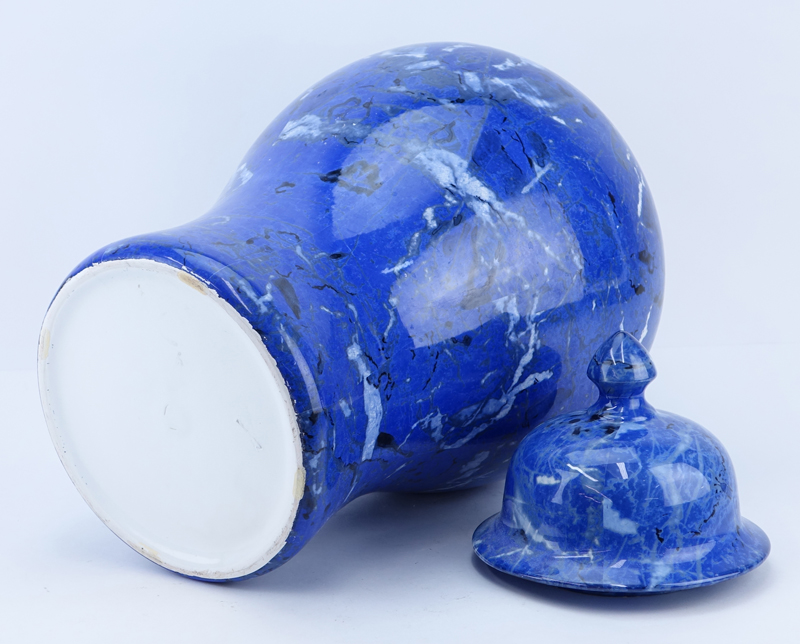 Large Modern Faux Lapis Blue Glaze Porcelain Covered Urn