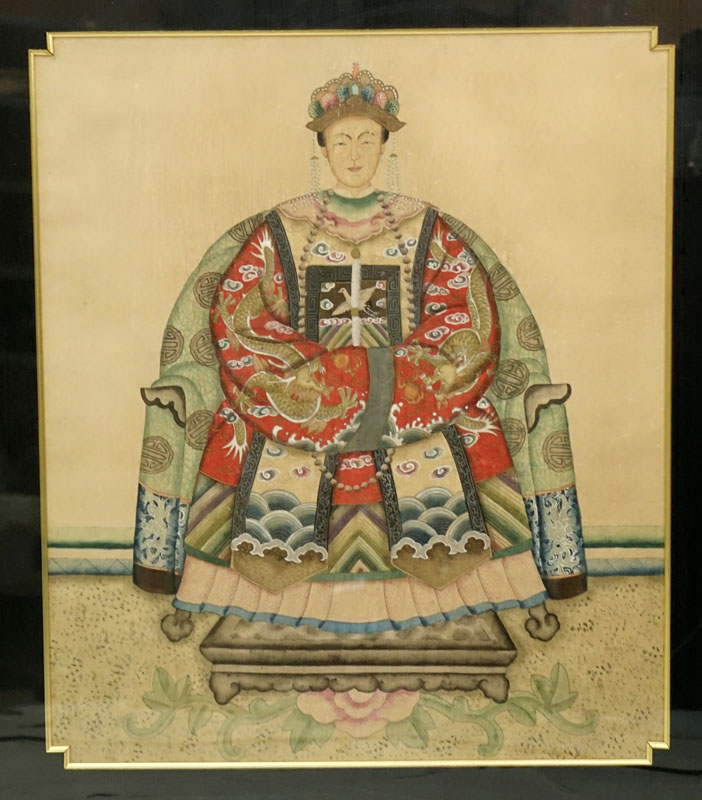 Pair Chinese Watercolors On Silk "Emperor & Empress"