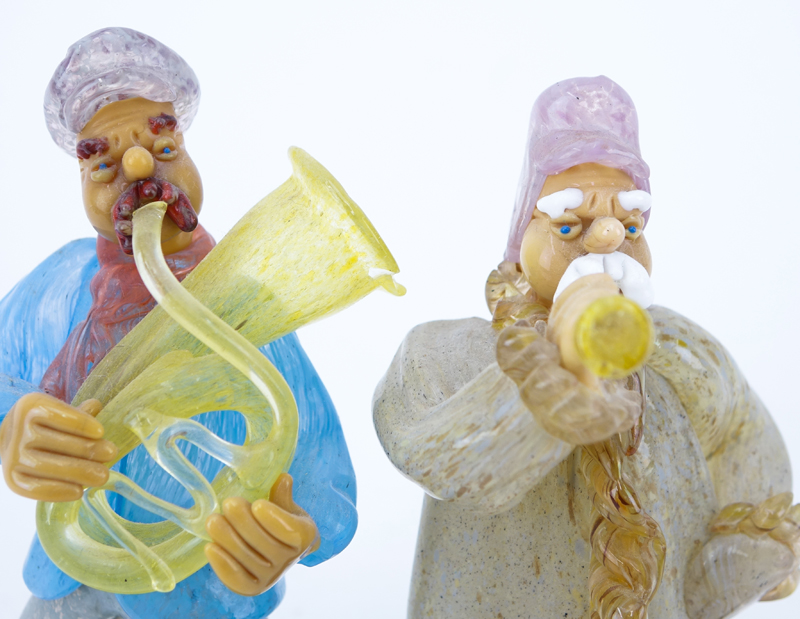 Two (2) Czechoslovakian hand blown art glass musician figures