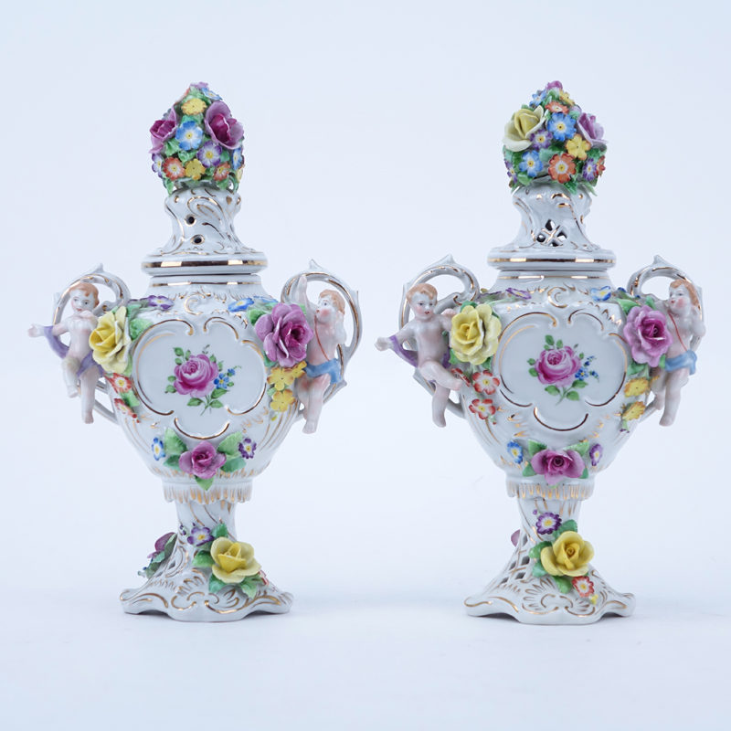 Pair Vintage Miniature Schierholz Porcelain Cherub Urns