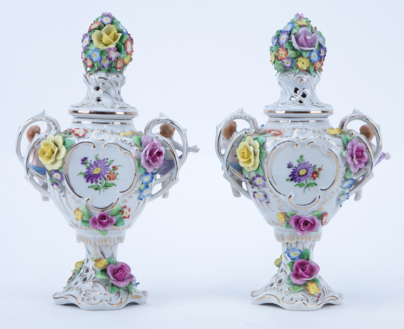 Pair Vintage Miniature Schierholz Porcelain Cherub Urns