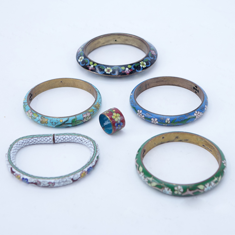 Collection of Five (5) Vintage Chinese Cloisonne Bangle Bracelets along with One Cloisonne Ring