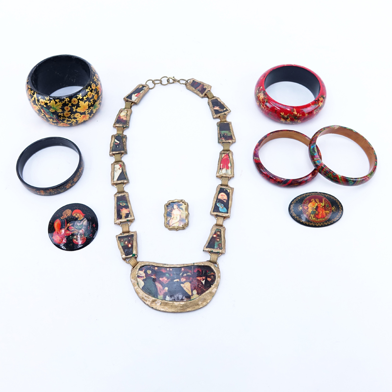 Collection of Nine (9) Vintage Russian Lacquer Costume Jewelry