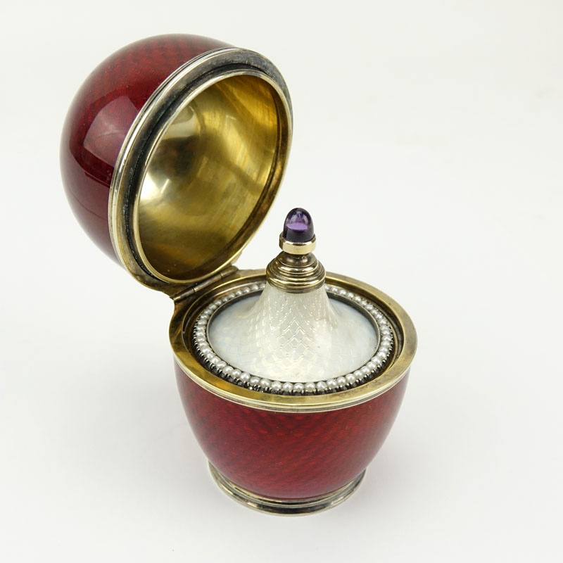 Russian Faberge 88 Silver, Guilloche Enamel, Opalescent White Enamel, Seed Pearl and Amethyst Perfume Bottle