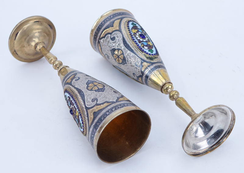 Pair of Russian 875 Silver and Enamel Cups