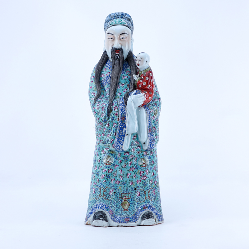 Large Chinese Famille Rose Porcelain Immortal with Child Figurine