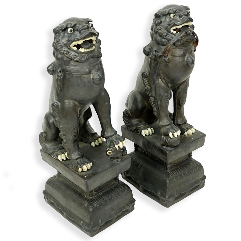 Pair of Modern Chinese Polychrome Pottery Foo Dogs