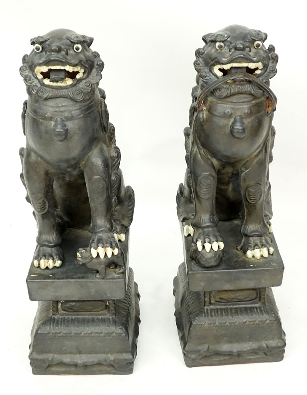 Pair of Modern Chinese Polychrome Pottery Foo Dogs