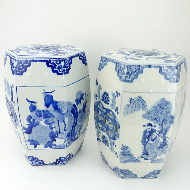 Two (2) Mid Century Blue and White Chinoiserie Porcelain Garden Seats