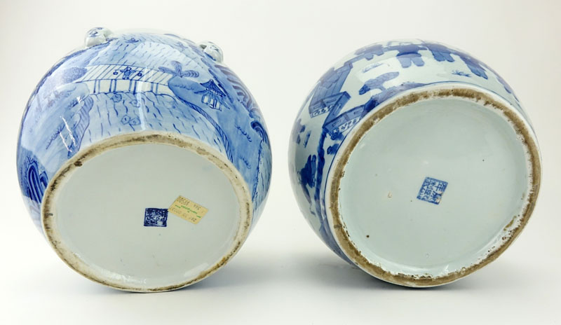 Two (2) Mid Century Blue and White Chinoiserie Porcelain Covered Jars