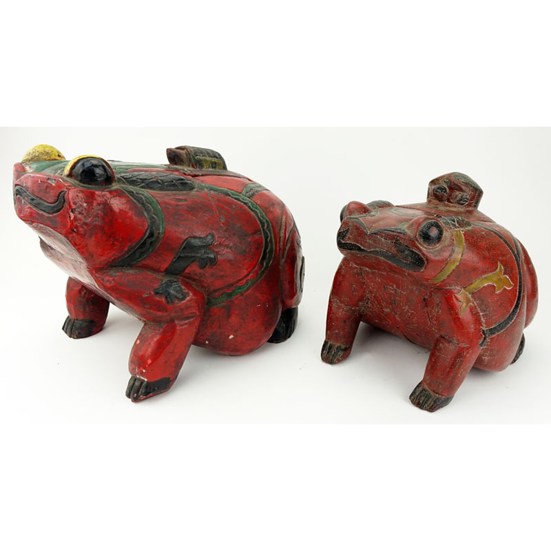 Two (2) Mid Century Polychrome Carved Frog Incense Storage Boxes with Cover