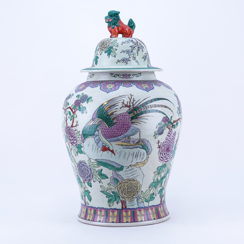 Large Chinese Famille Rose Porcelain Covered Urn with Foo Dog Finial