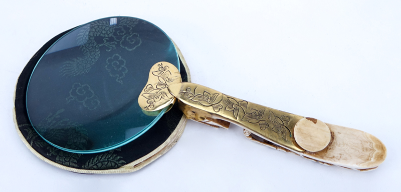 Early 20th Century Chinese Magnifying Glass with Carved Bone and Brass Belt Buckle Handle