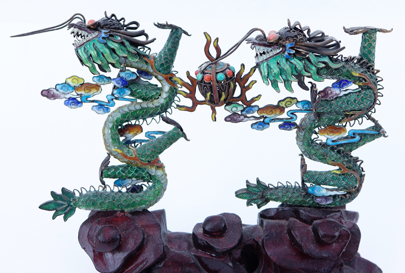Three (3) Vintage Chinese Asian Silver And Enamel Dragons on Stands