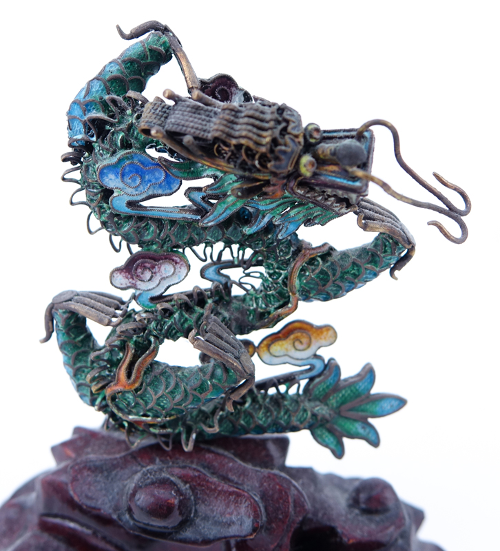 Three (3) Vintage Chinese Asian Silver And Enamel Dragons on Stands
