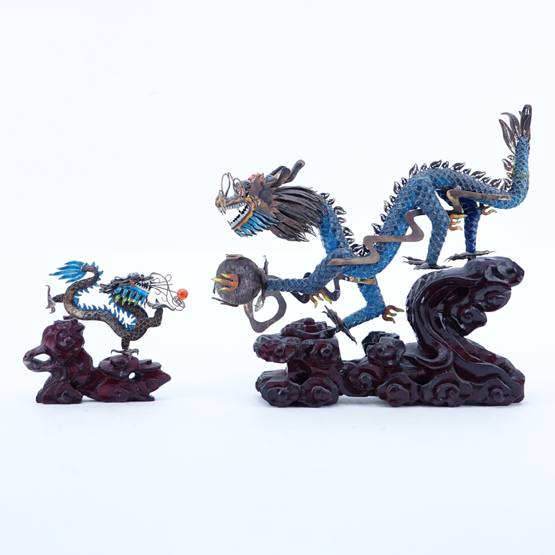 Two (2) Vintage Chinese Asian Silver And Enamel Dragons on Stands